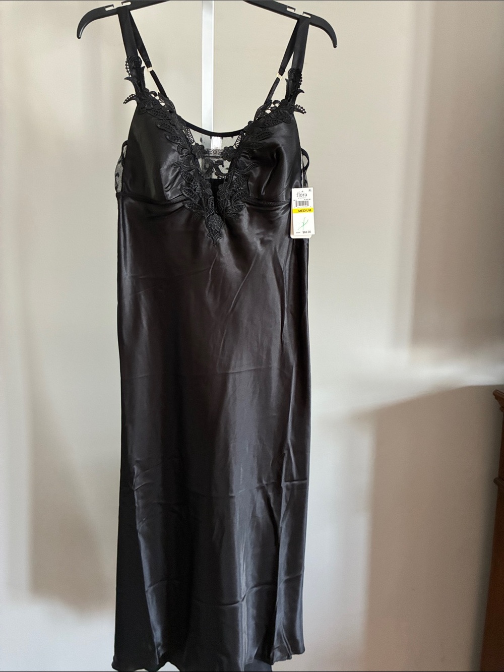 Black Satin Lace-Trim Long Chemise by Flora
